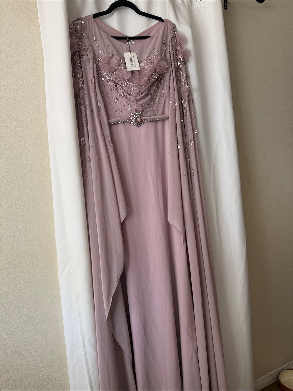 Terani Couture Dusty Mauve Beaded Long-Sleeve Gown with Draped Cape